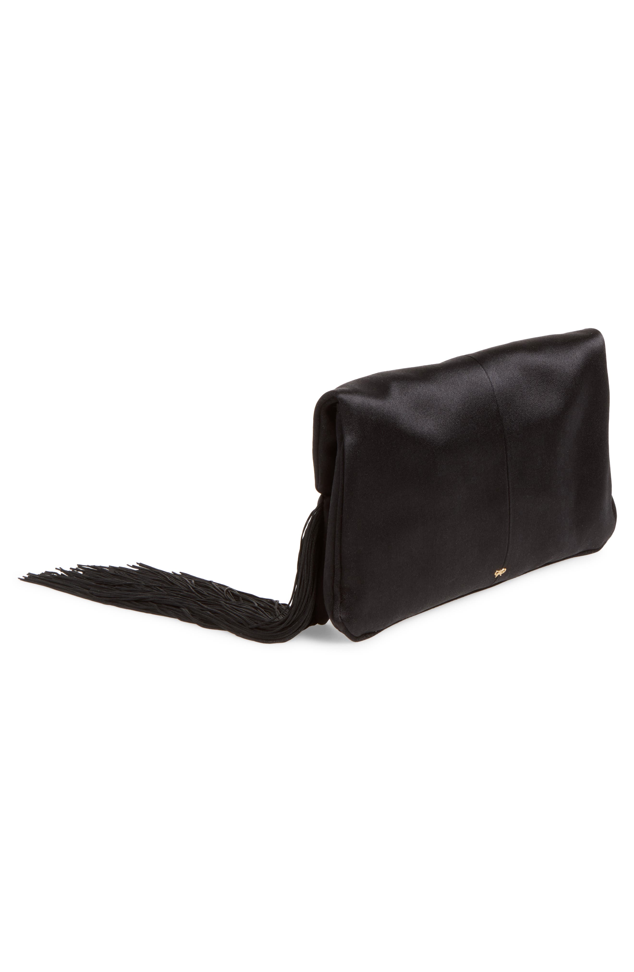 Bow Fringe Satin Clutch, Alternate, color, BLACK