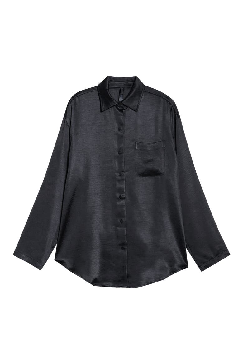 Lightweight Stretch Satin Button-Up Shirt, Alternate, color, OBSIDIAN
