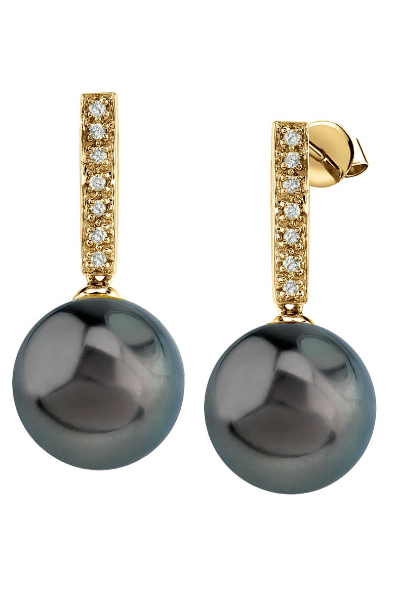 Tahitian South Sea Pearl Dangling Diamond Earrings, Main, color, Yellow Gold