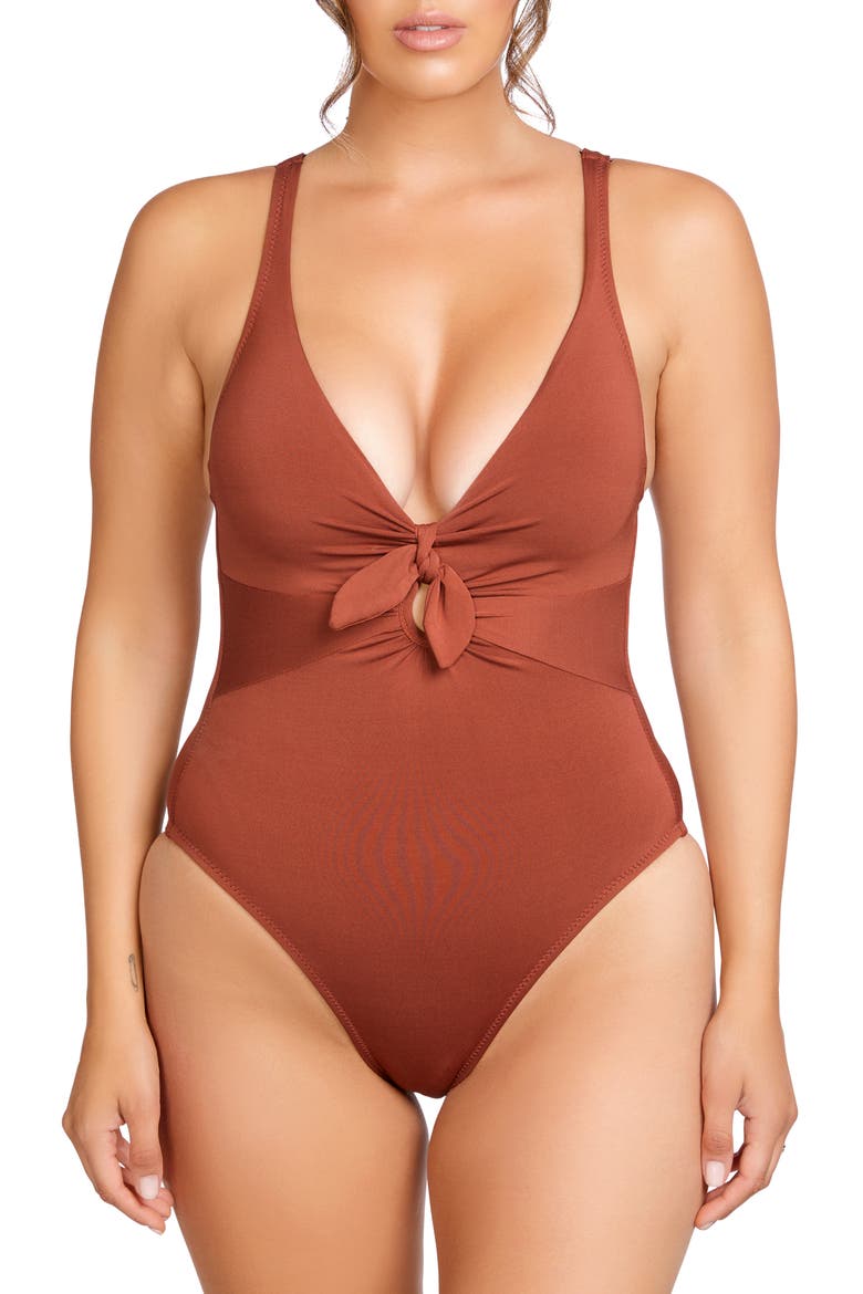Ava Plunge Underwire One-Piece Swimsuit, Main, color, SEPIA