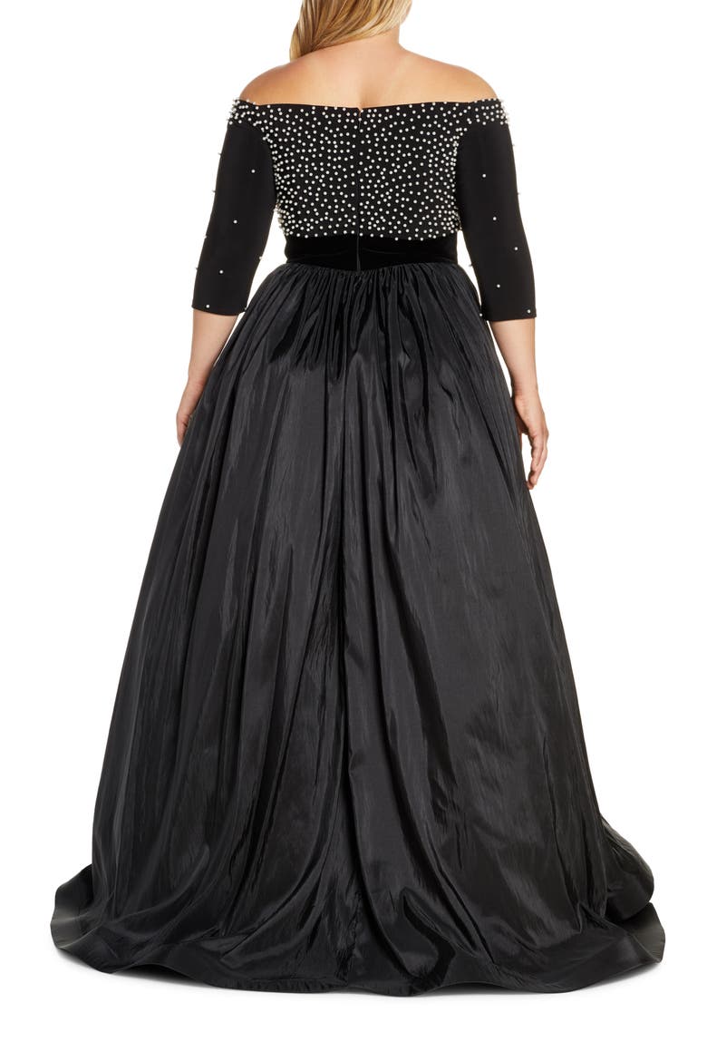 Imitation Pearl Beaded Off the Shoulder Ballgown, Alternate, color, BLACK