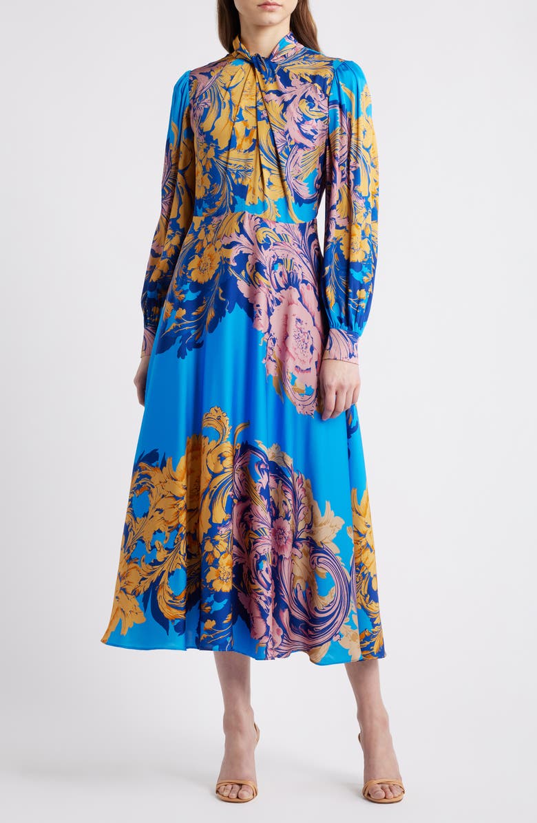 Elie Tahari The Raquel Placed Floral Long Sleeve Silk Blend Dress, Main, color, Ribbon Scroll Print