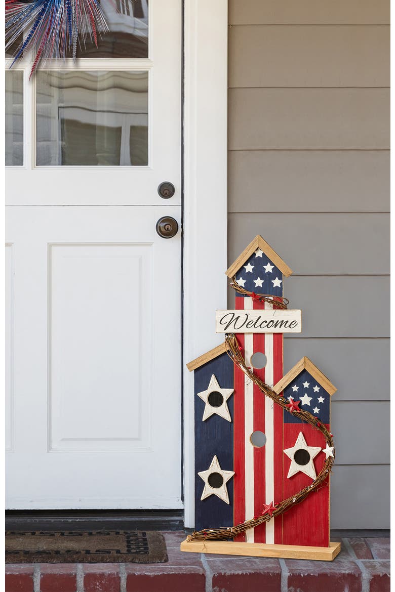 30"H Patriotic Americana Wooden Birdhouse Porch Decor, Alternate, color, Blue