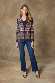 Ming Wang Faux Doubled Breast Plaid Knit Blazer