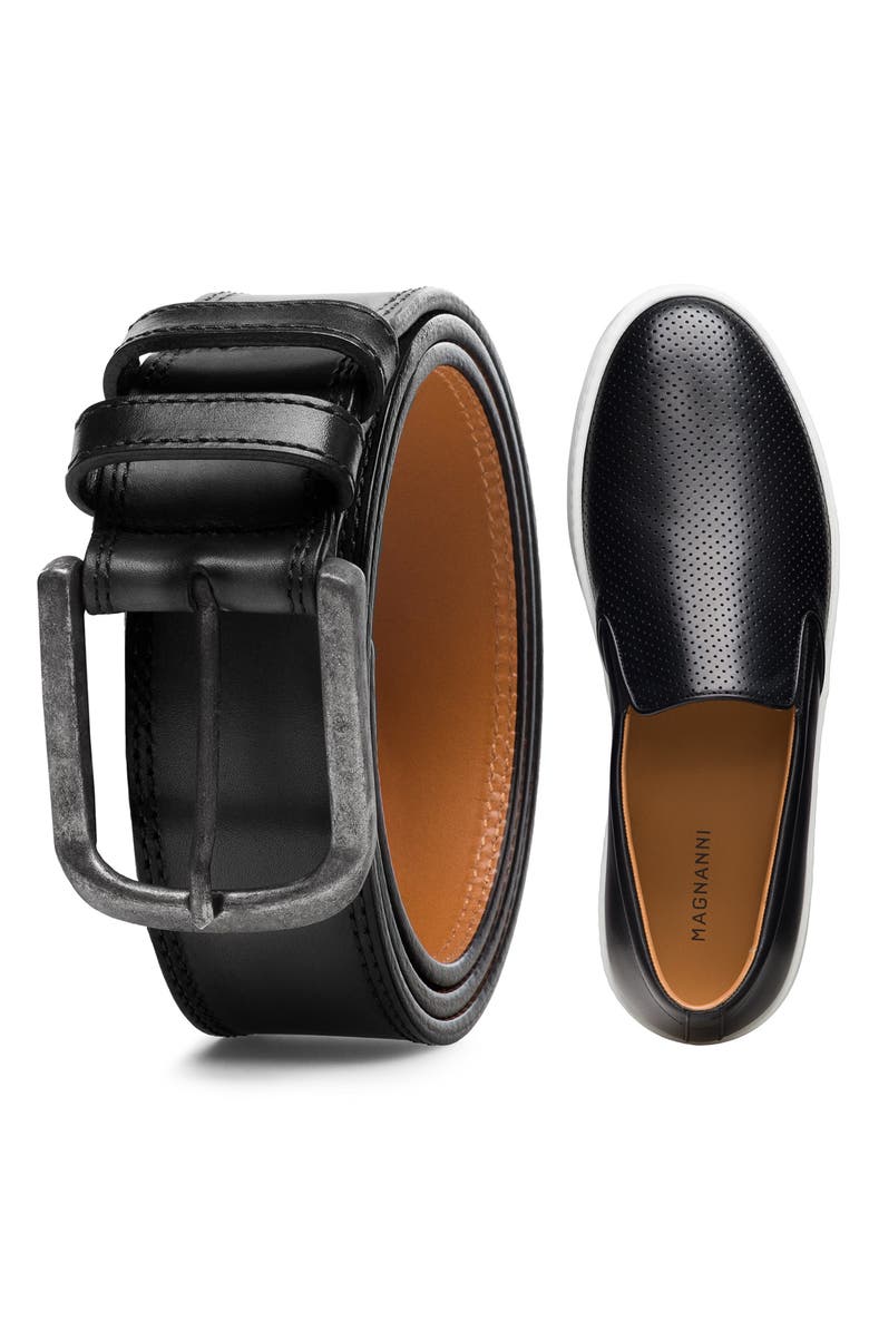 Magnanni Wayne Perforated Leather Belt, Alternate, color, Black