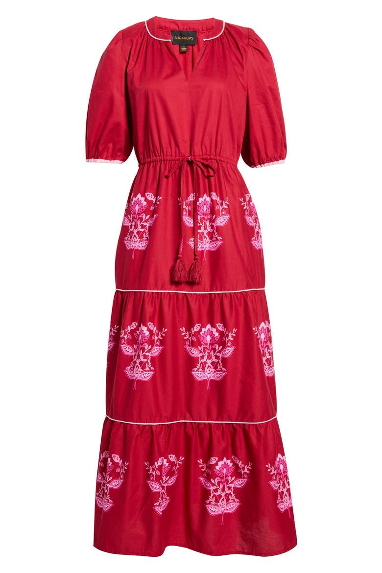 Vione Placed Floral Tiered Cotton Dress, Alternate, color, CHERRY-PINK