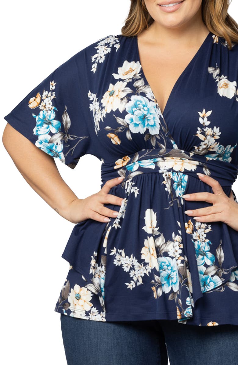 Kiyonna Encore Print Faux Wrap Top, Alternate, color, Navy Floral Print