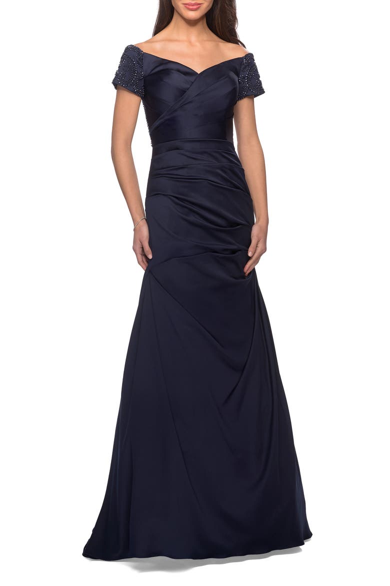 Satin Off the Shoulder Dress with Beaded Sleeves, Main, color, Navy