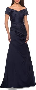 La Femme Satin Off the Shoulder Dress with Beaded Sleeves