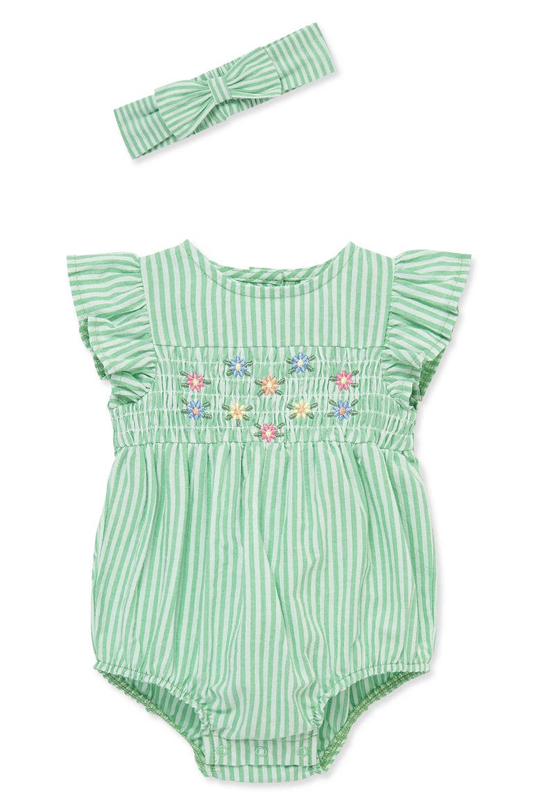 Stripe Floral Bubble Romper & Headband Set, Main, color, GREEN