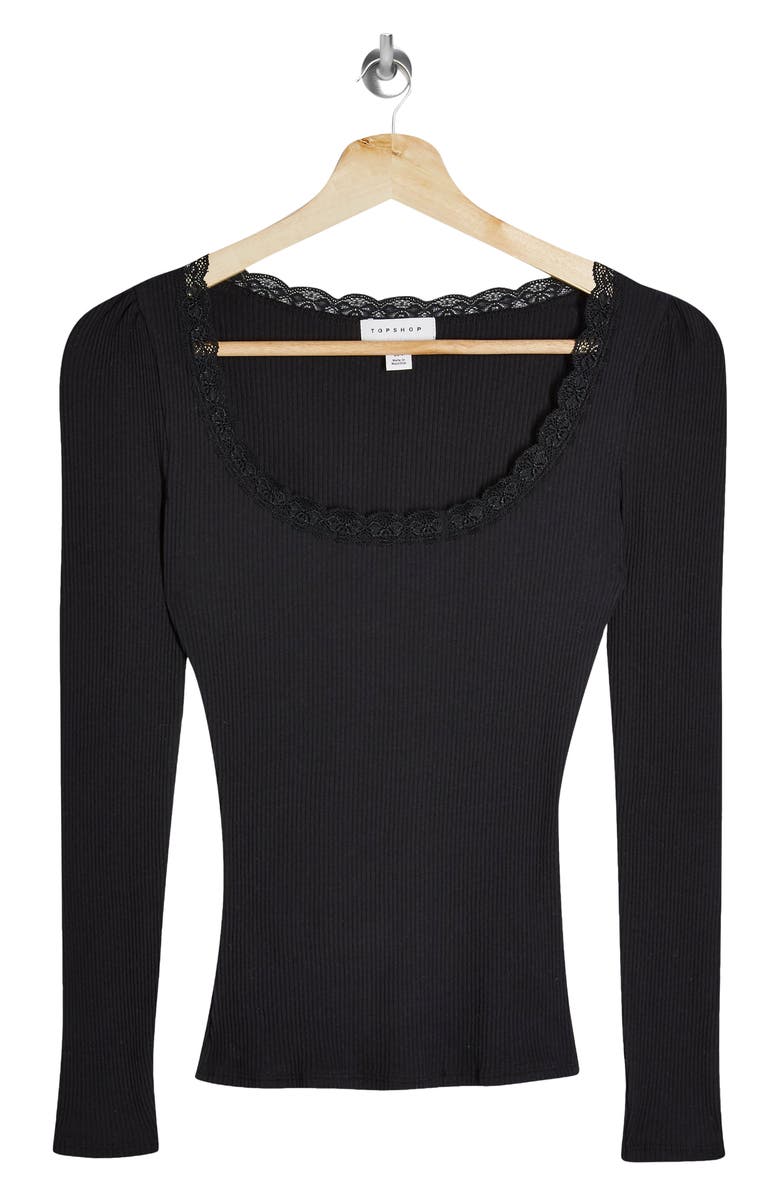Topshop Lace Trim Long Sleeve Top, Alternate, color,