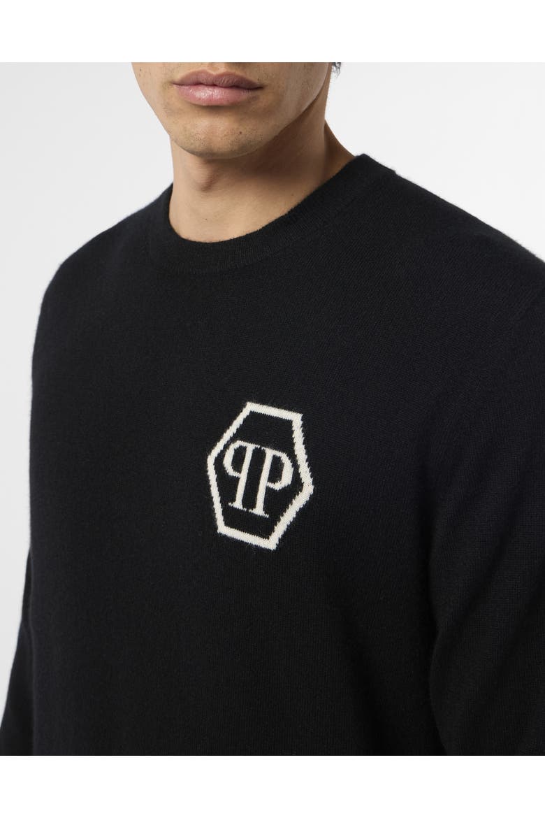 Cashmere Roundneck Pullover Jacquard Hexagon Men, Alternate, color, black