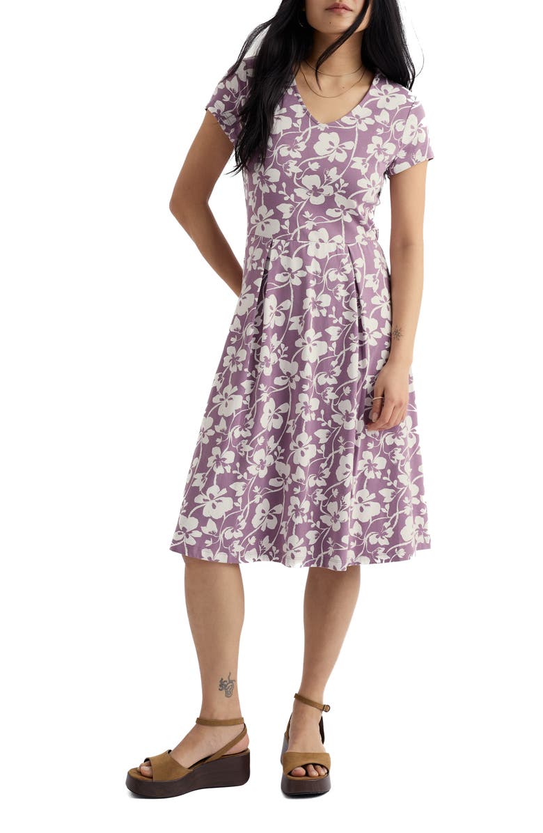 Seasalt Cornwall Pier View Floral Print Flare Stretch Organic Cotton Dress, Main, color, Mallow Vine Verbena
