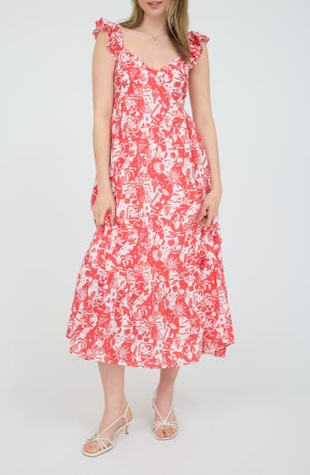 August Sky Ruffle Strap Empire Waist Midi Dress