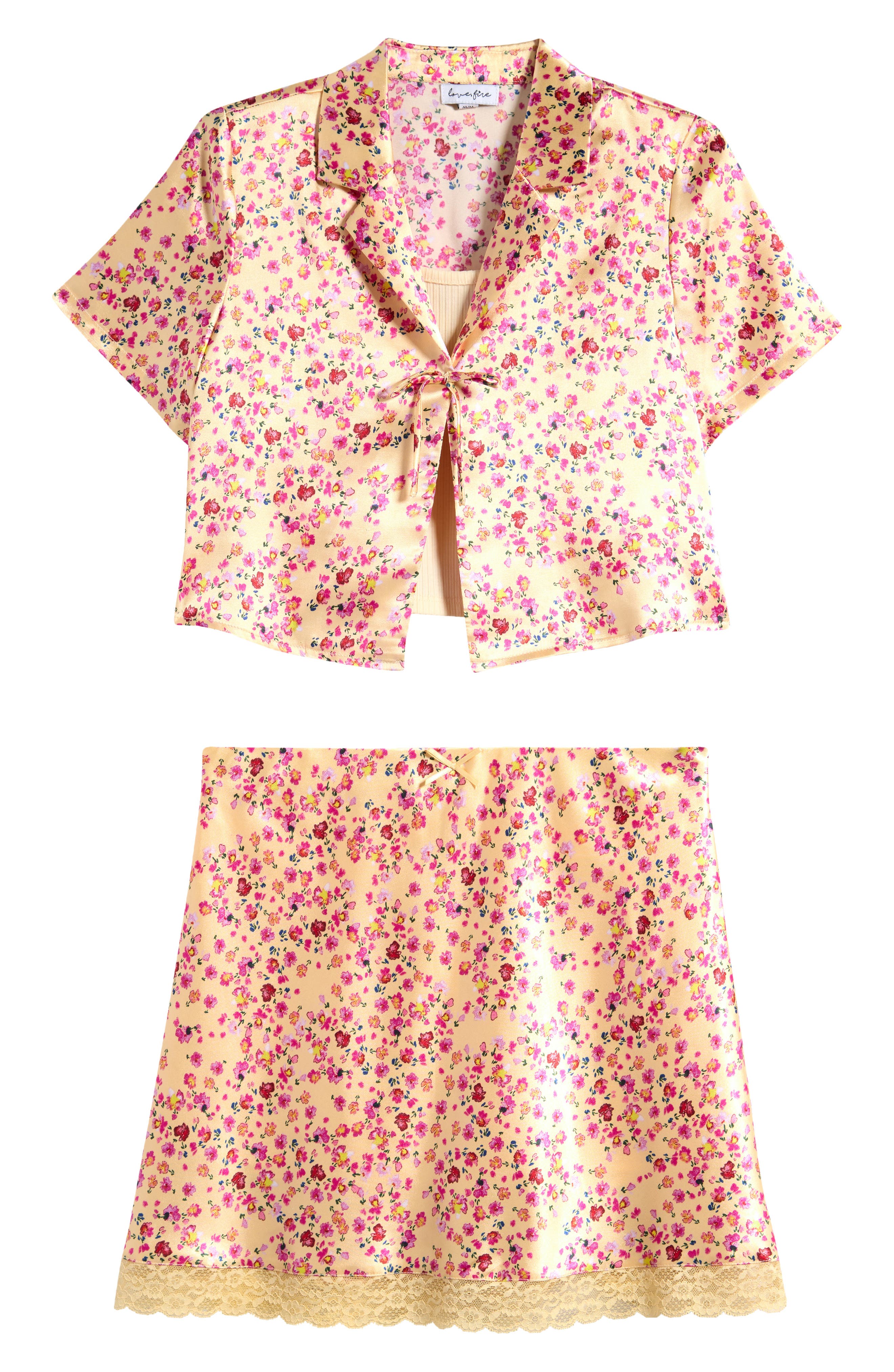 Love, Fire Kids' Camisole, Tie Front Satin Camp Shirt & Skirt Set