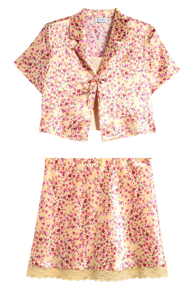 Kids' Camisole, Tie Front Satin Camp Shirt & Skirt Set, Main, color, PALE YELLOW DITSY FLORAL