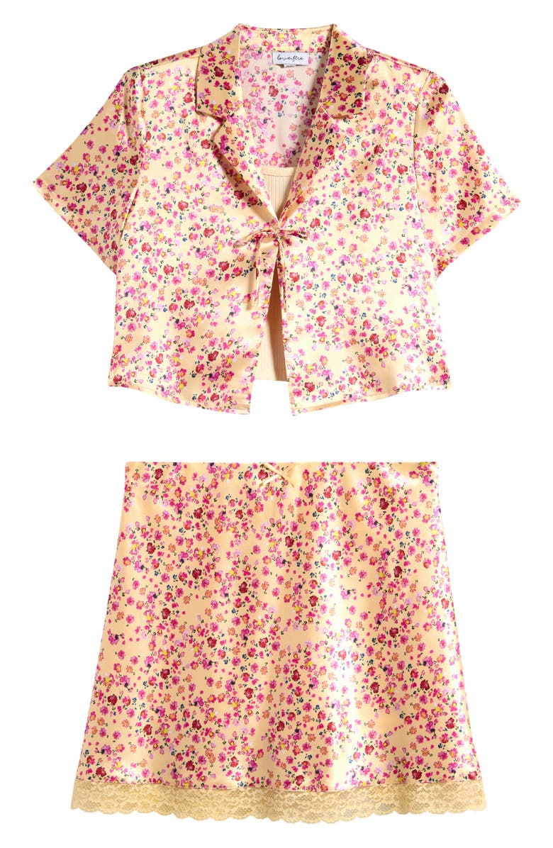 Love, Fire Kids' Camisole, Tie Front Satin Camp Shirt & Skirt Set, Main, color, Pale Yellow Ditsy Floral