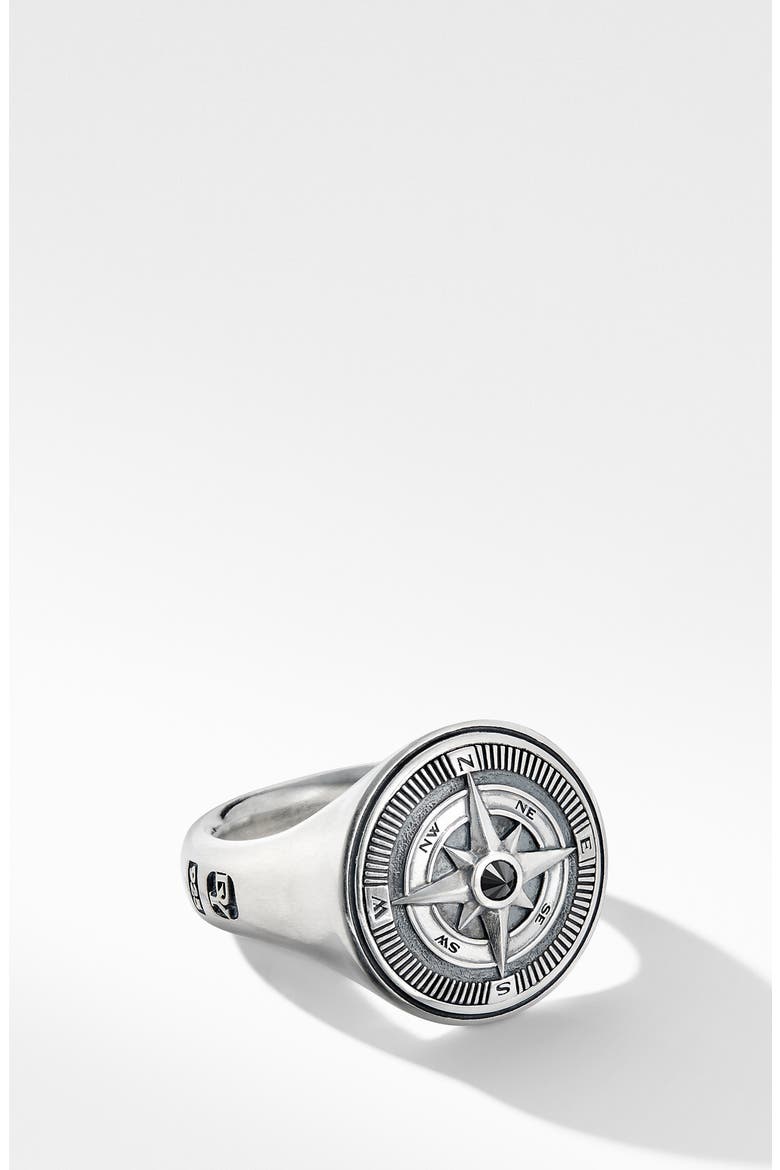 Maritime® Compass Signet Ring with Center Black Diamond, Main, color, SILVER/ BLACK DIAMOND