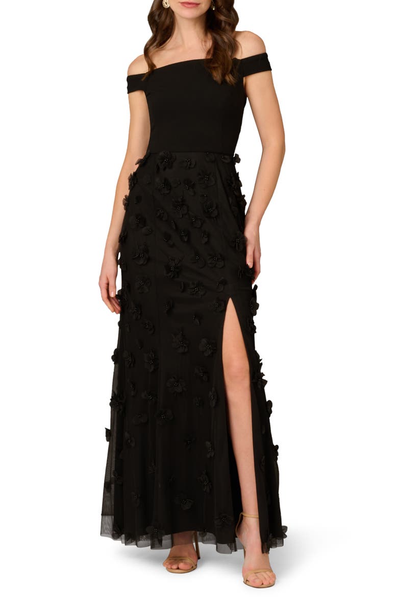 Aidan Mattox by Adrianna Papell Floral Appliqué Off the Shoulder Mixed Media Gown, Main, color, 