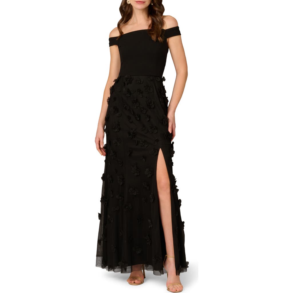 Aidan Mattox Beaded Floral Applique Off-shoulder Gown In Black