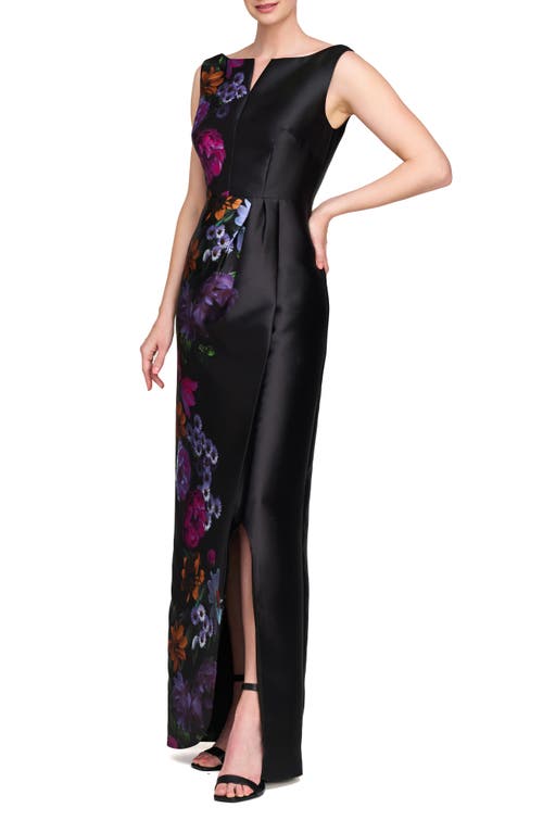 Kay Unger Helene Placed Floral Print Column Gown In Raven/boysenberry