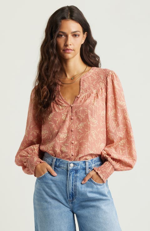 Print Smocked Yoke Button-Up Shirt