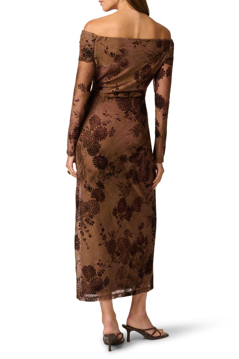Off the Shoulder Long Sleeve Velvet Mesh Maxi Dress, Alternate, color, CHOCOLATE