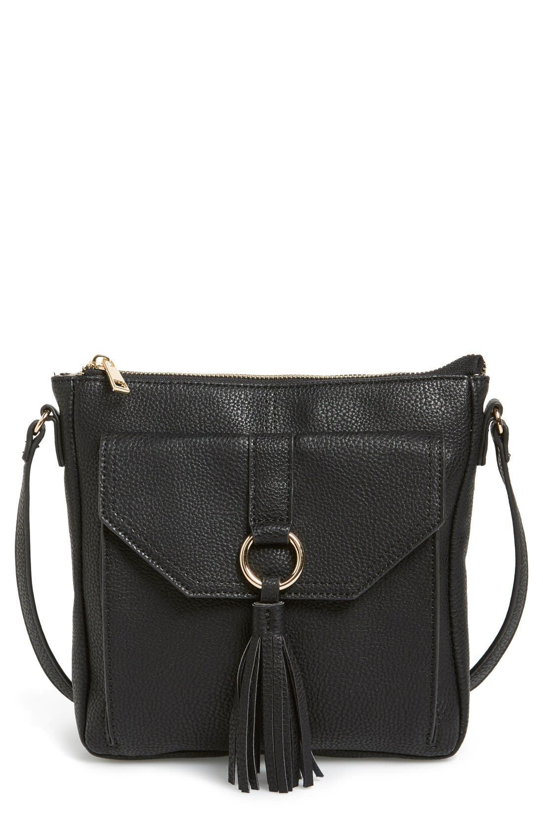 Tassel Faux Leather Crossbody Bag, Main, color, BLACK