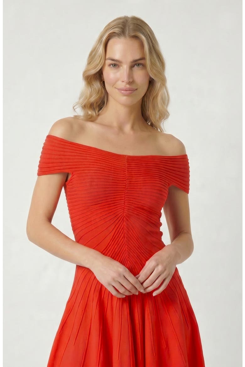 Off-Shoulder Pleated A-Line Dress, Alternate, color, Burgundy