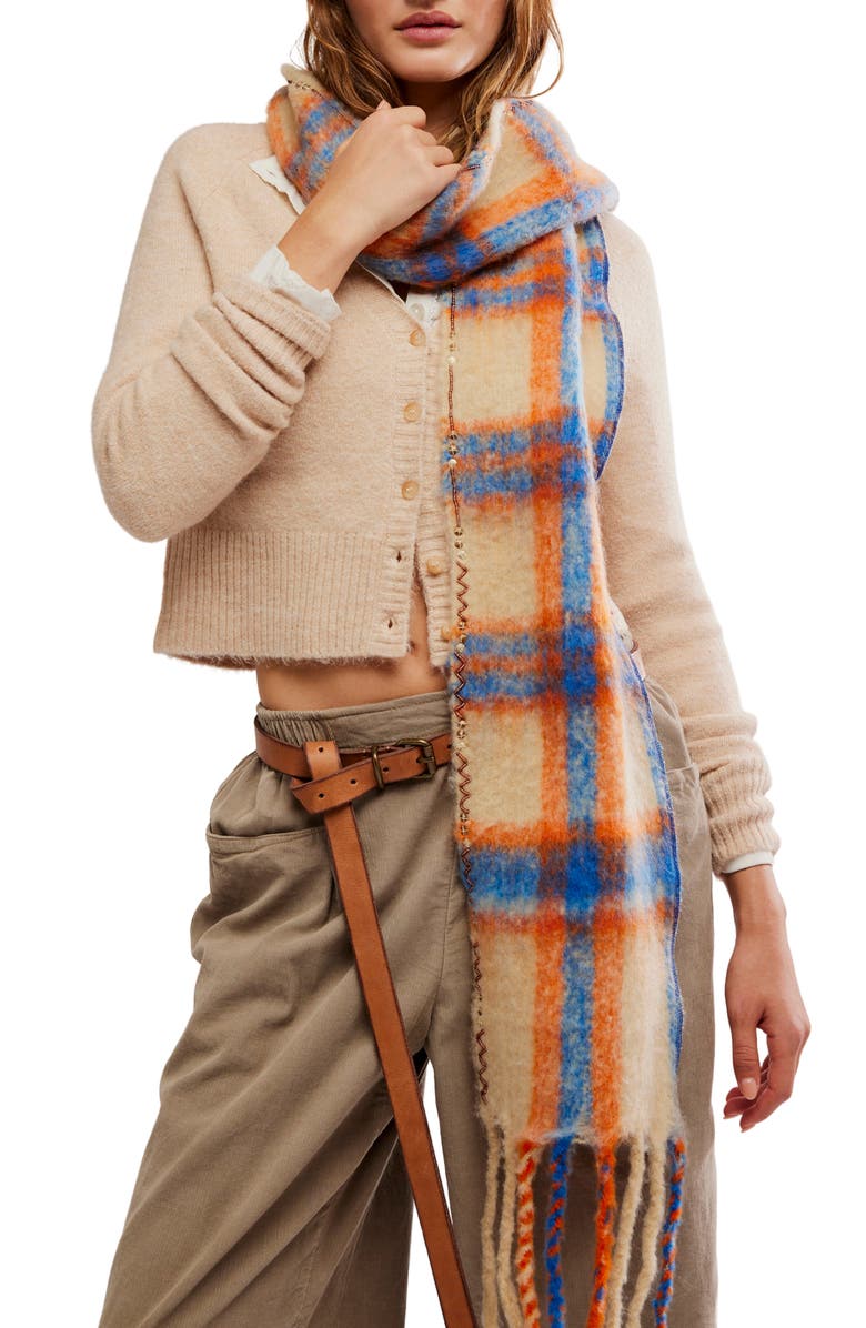 Free People Highland Plaid Skinny Scarf, Main, color, Ivory Combo