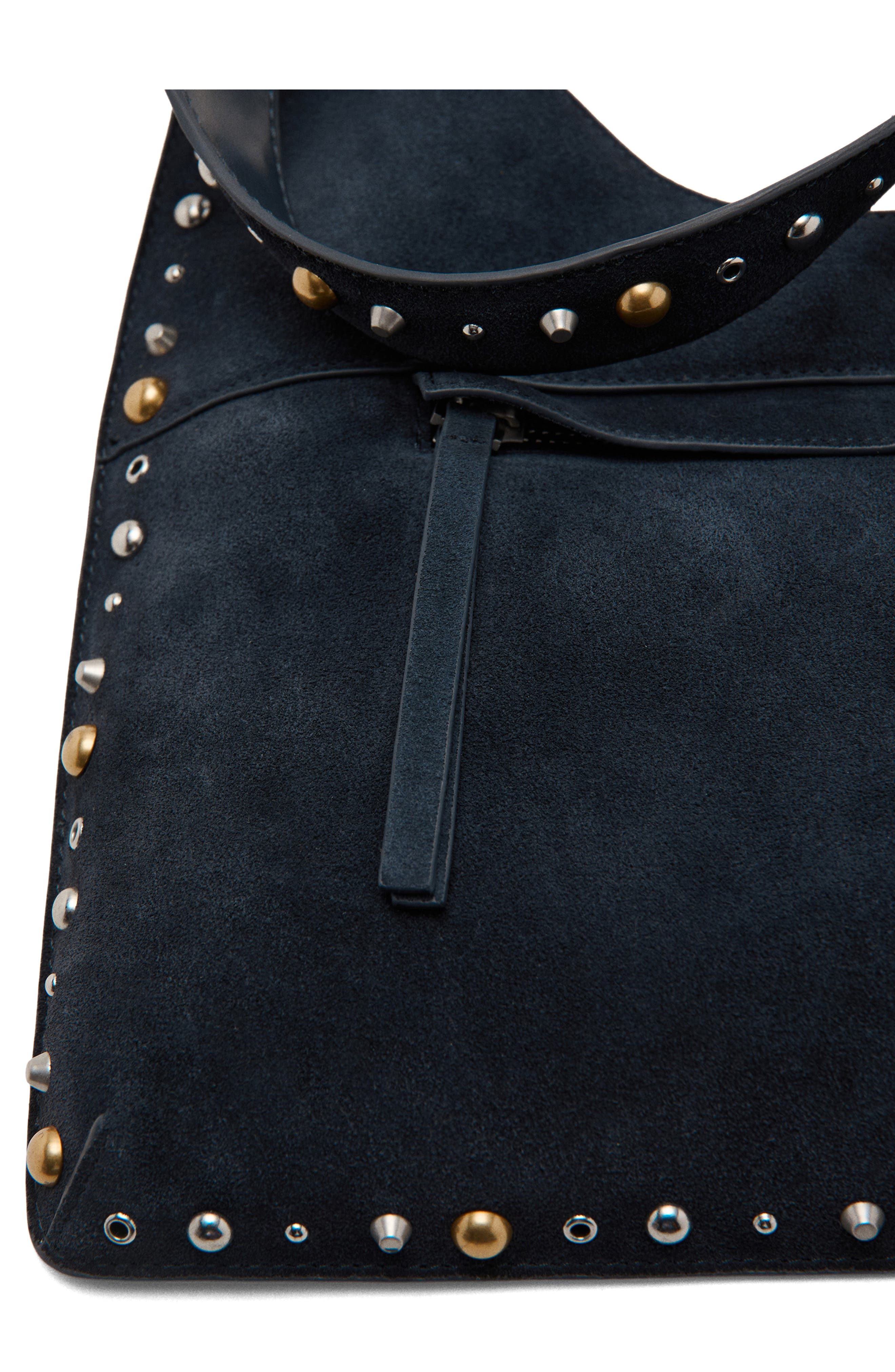 MANGO Studded Suede Shoulder Bag, Alternate, color, Navy