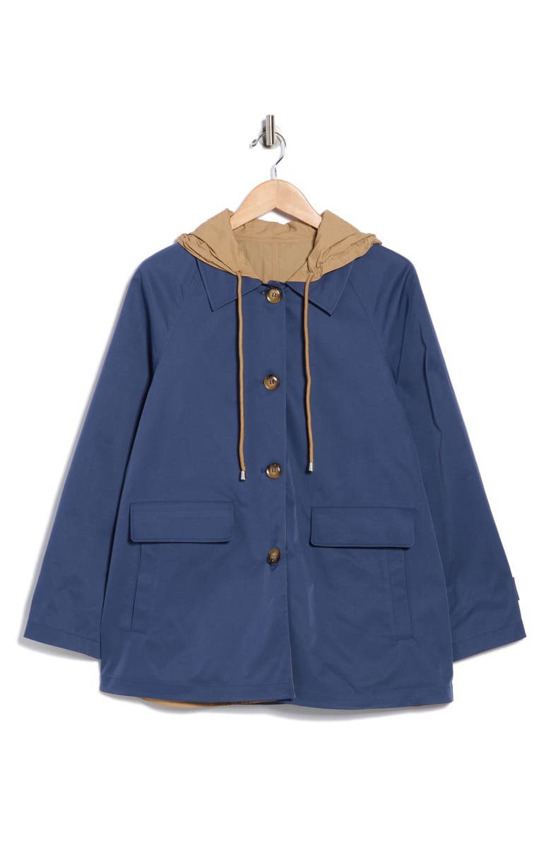 Bernardo Hooded Anorak Raincoat, Alternate, color, Khaki / Check Print