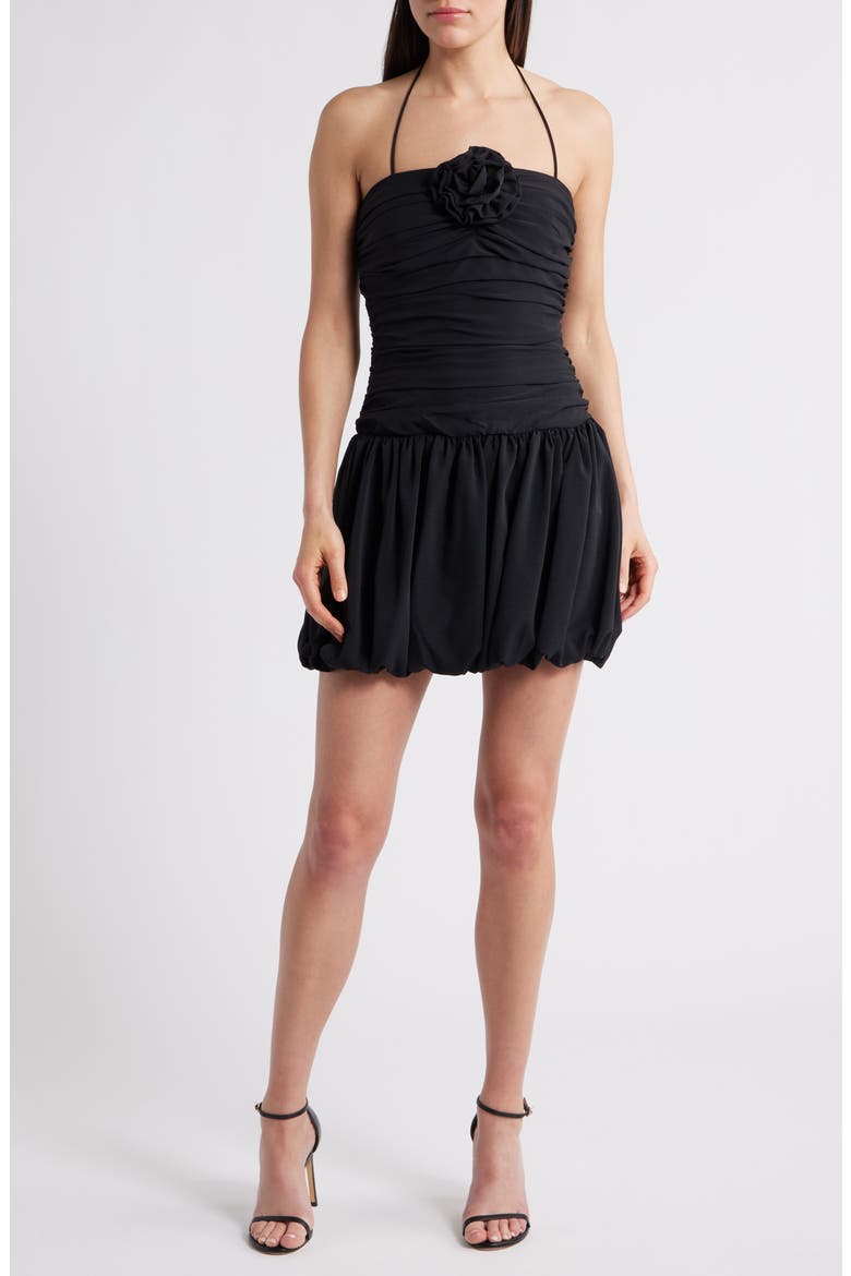 Faye Rosette Ruched Halter Minidress, Main, color, BLACK