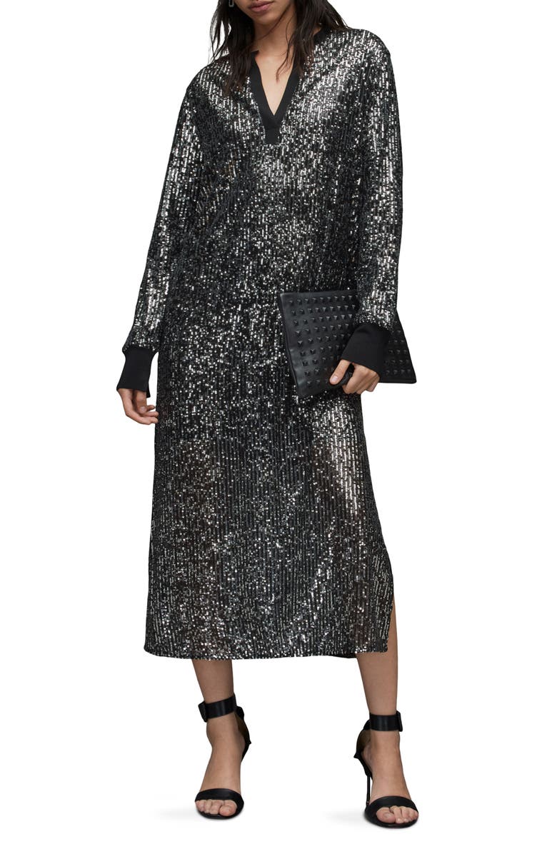 AllSaints Julea Dia Sequin Long Sleeve Midi Dress, Main, color, 