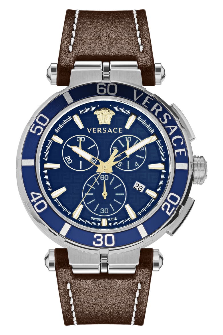 Greca Chronograph Leather Strap Watch, 45mm, Main, color, STAINLESS STEEL
