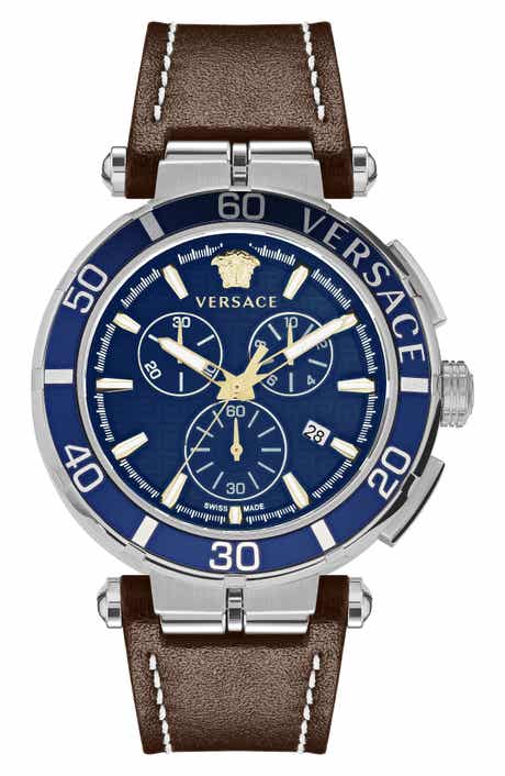 Versace Greca Chronograph Leather Strap Watch, 45mm