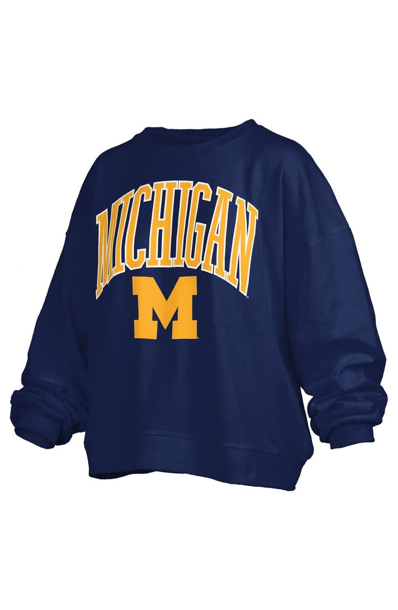 PRESSBOX Women's Pressbox Navy Michigan Wolverines Janise Arch Over Logo Waist Length Oversized Pullover Sweatshirt, Alternate, color, Navy