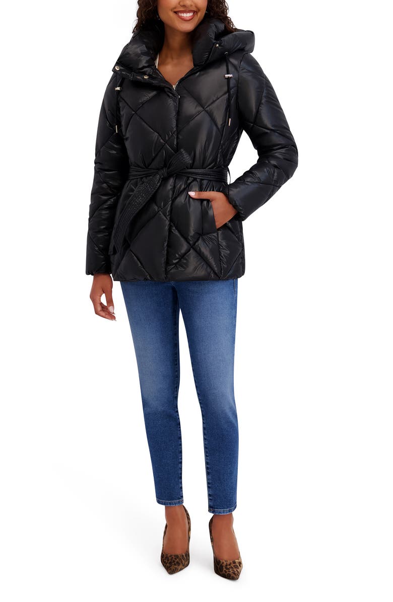 Kensie Belted Diamond Quilted Puffer Coat, Alternate, color, Black