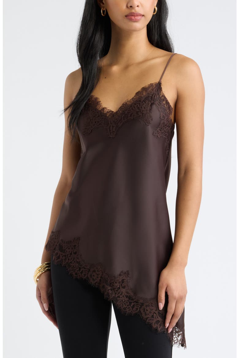 Asymmetrical Lace Satin Tank, Main, color, BROWN SEAL