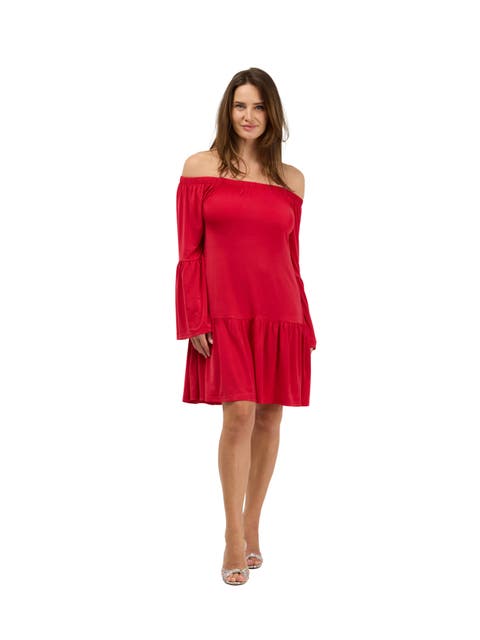 24seven Comfort Elevate Womens Off the Shoulder Bell Sleeve Mini Dress