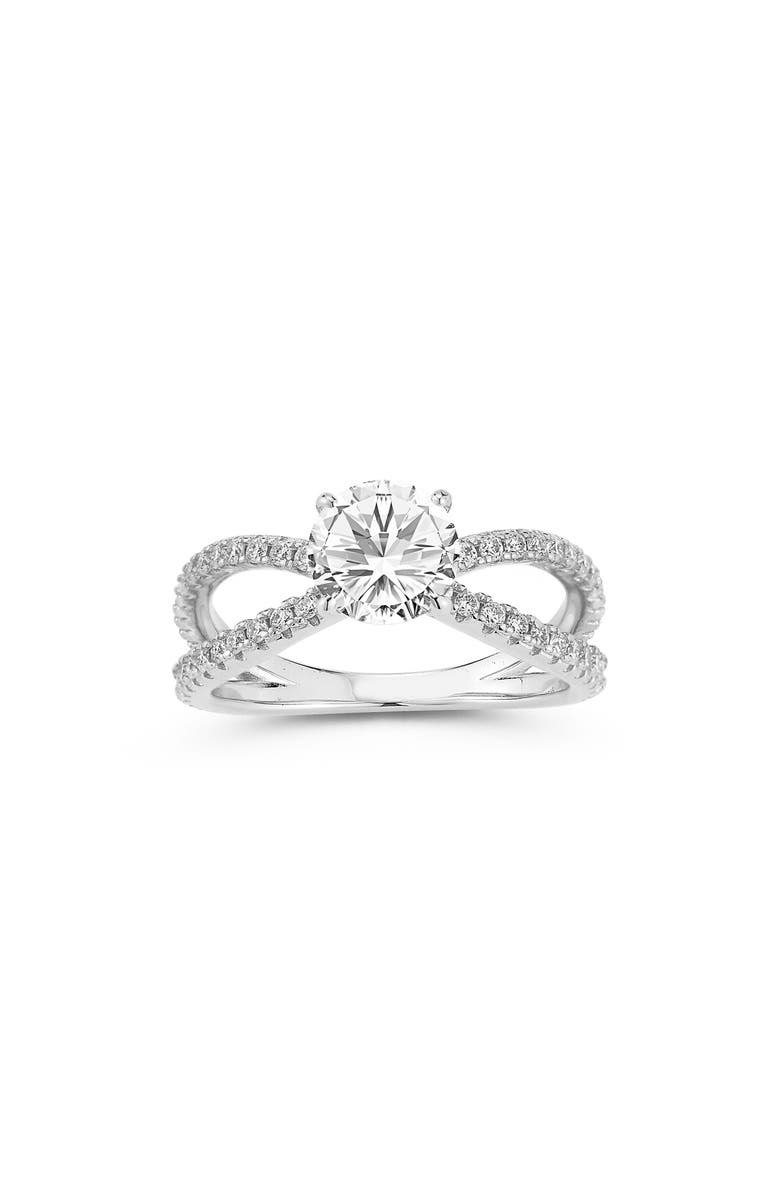 GLAZE JEWELRY Round Moissanite Caged Band Ring, Main, color, Silver/ Moissanite