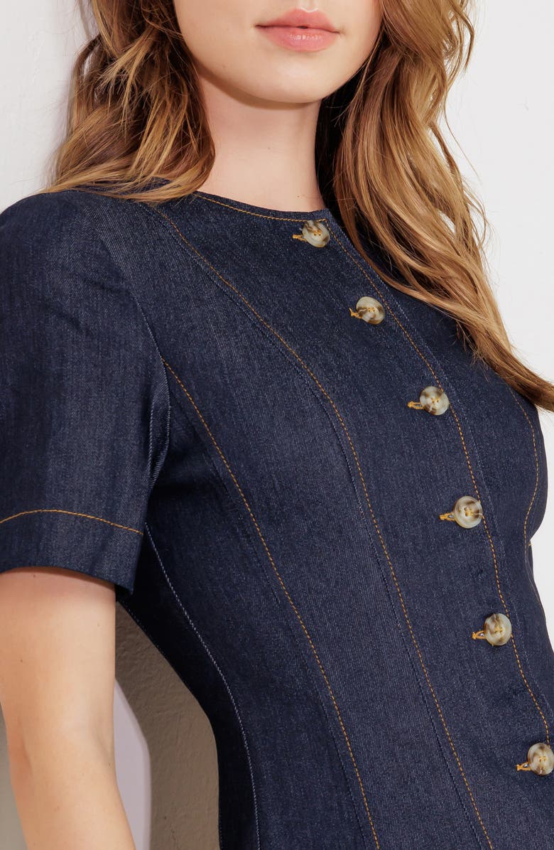 FREEMARKET Short Sleeve A-Line Cotton Blend Denim Minidress, Alternate, color,