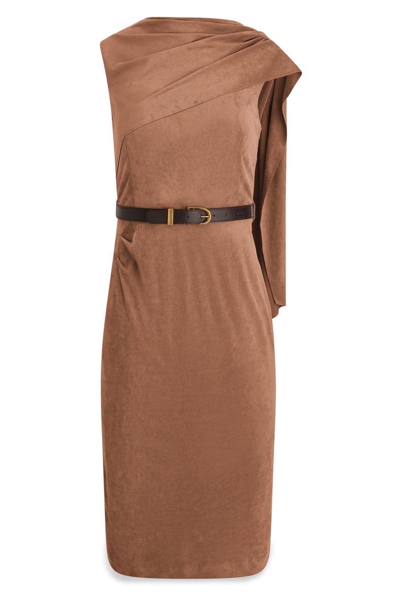 Shoulder Drape Faux Suede Sheath Midi Dress, Alternate, color, CAMEL