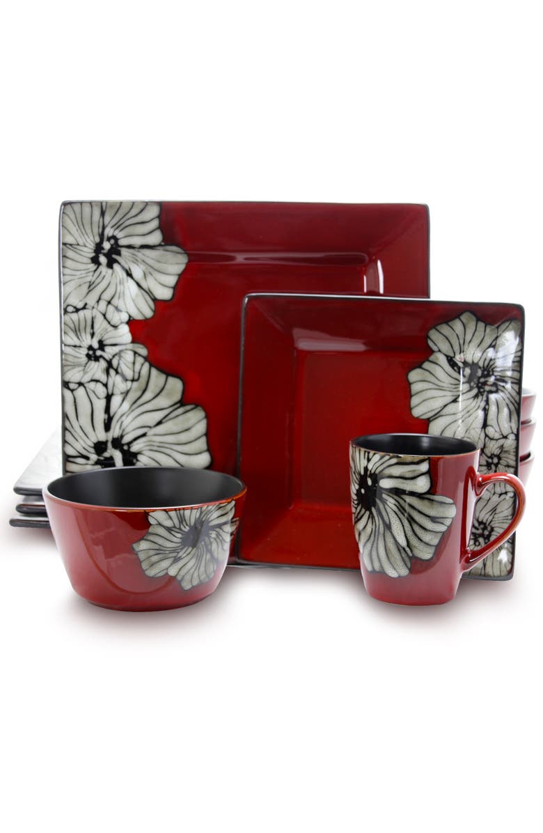 Elama Winter Bloom 16 Piece Square Stoneware Dinnerware Set, Main, color, Red