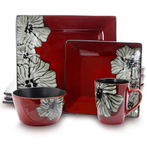 Elama Winter Bloom 16 Piece Square Stoneware Dinnerware Set In Red