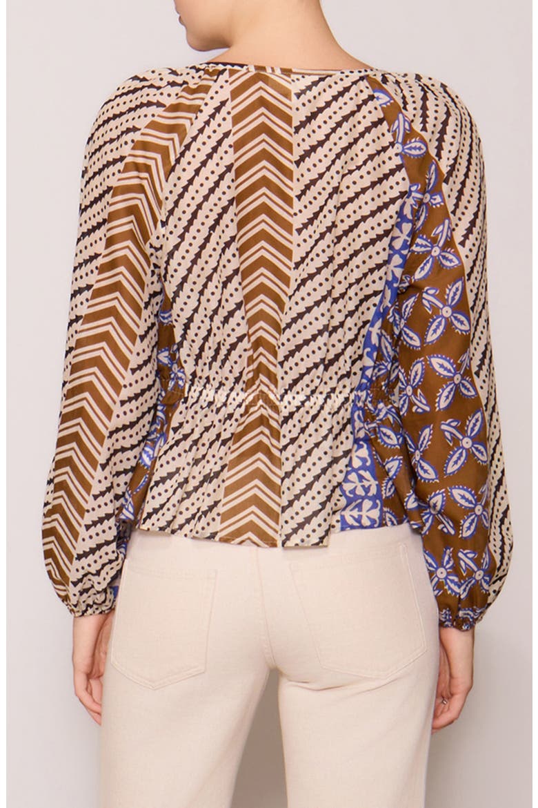Long Sleeve Button Front Peplum Top, Alternate, color, BROWN BLUE PRINT