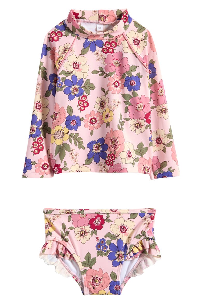 Ruffle Long Sleeve Two-Piece Rashguard Swimsuit, Main, color, NEW FLORAL