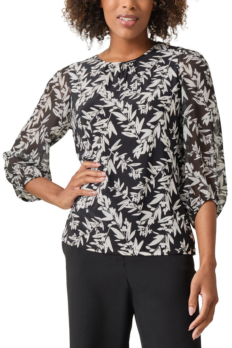 Shirred Neck Three-Quarter Sleeve Stretch Top, Main, color, BLACK/ VANILLA ICE