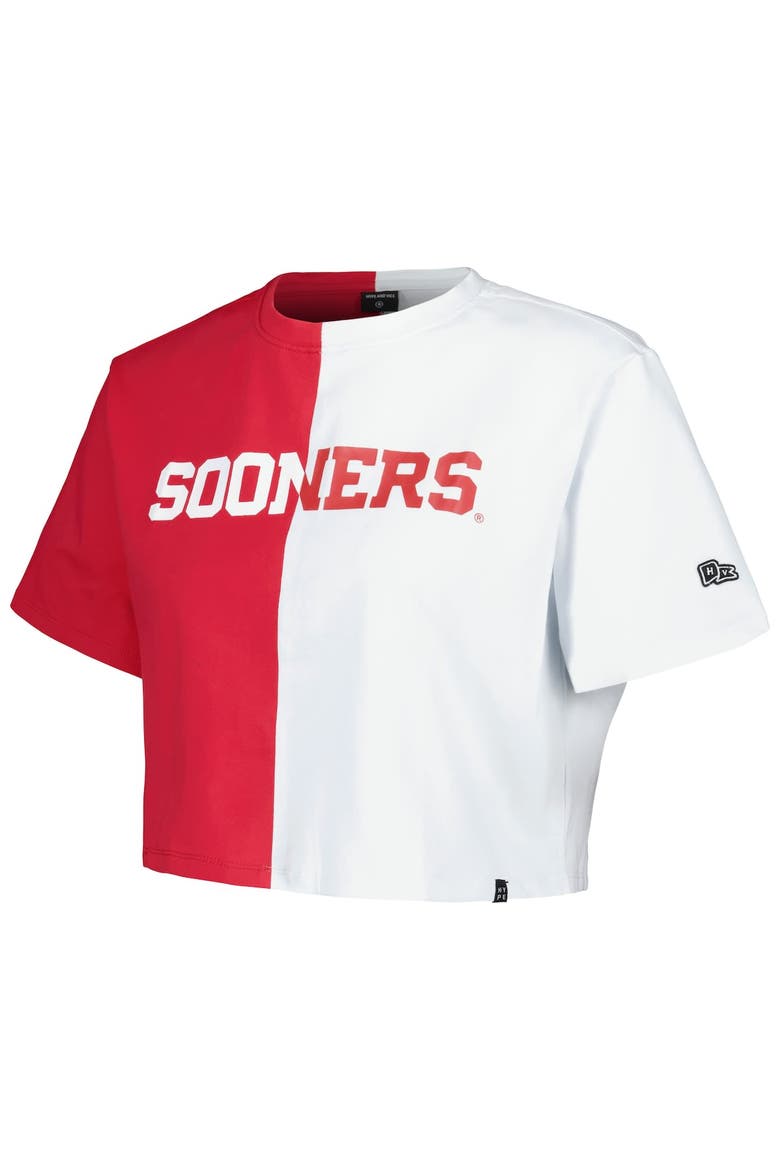 Women's Hype and Vice Crimson/White Oklahoma Sooners Color Block Brandy Cropped T-Shirt, Alternate, color, Crimson