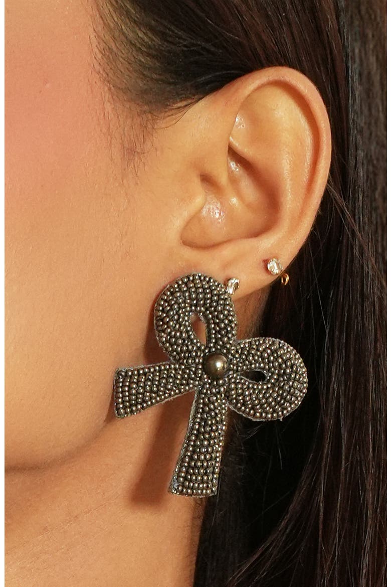 Kane Beaded Bow Drop Earrings, Alternate, color, GUNMETAL